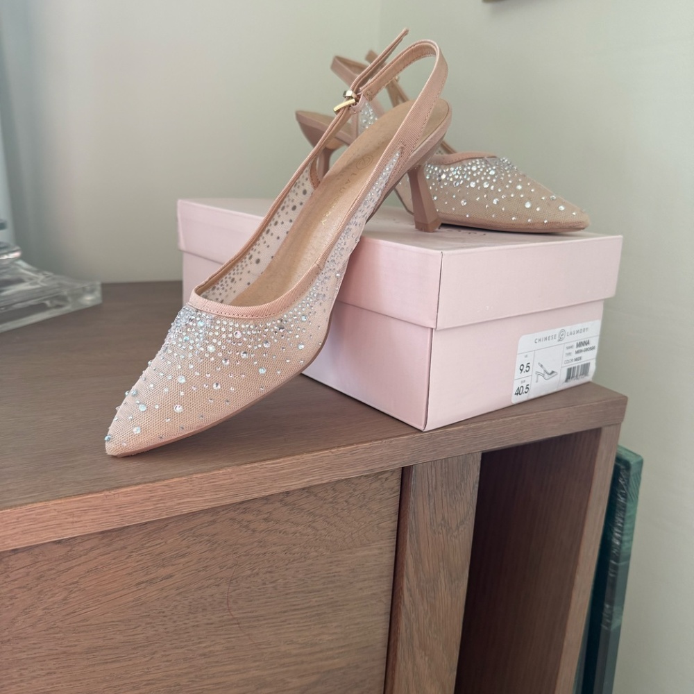 Chinese Laundry Minna Nude Rhinestone Slingback Heels 9.5 Bridal
